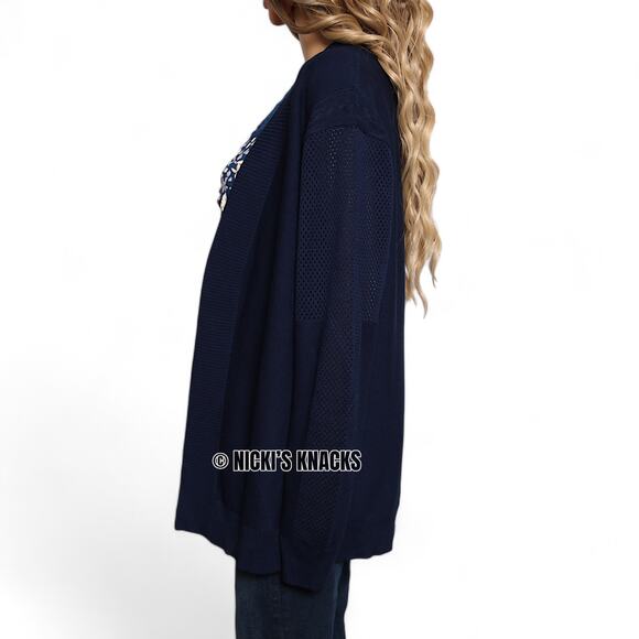 Faith & Zoe Navy Blue Open Front Mesh Panel Knit Cardigan Sweater Size L - Picture 4 of 11